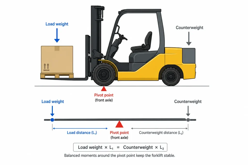 Diagram showing how a counterbalance forklift works — load weight at front, counterweight at rear, pivot point at front axle, with the formula: Load weight × L1 = Counterweight × L2